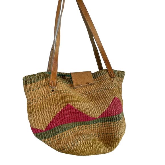 Vintage Woven Sisal Jute Shoulder Bag Market Tote Leather Handles Boho Multi - Picture 6 of 10